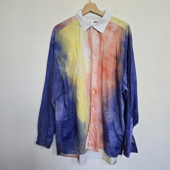 INC International Concepts Tops - Allen Onyia for INC Watercolor Pastel Long Button Down Blouse Purple Yellow L